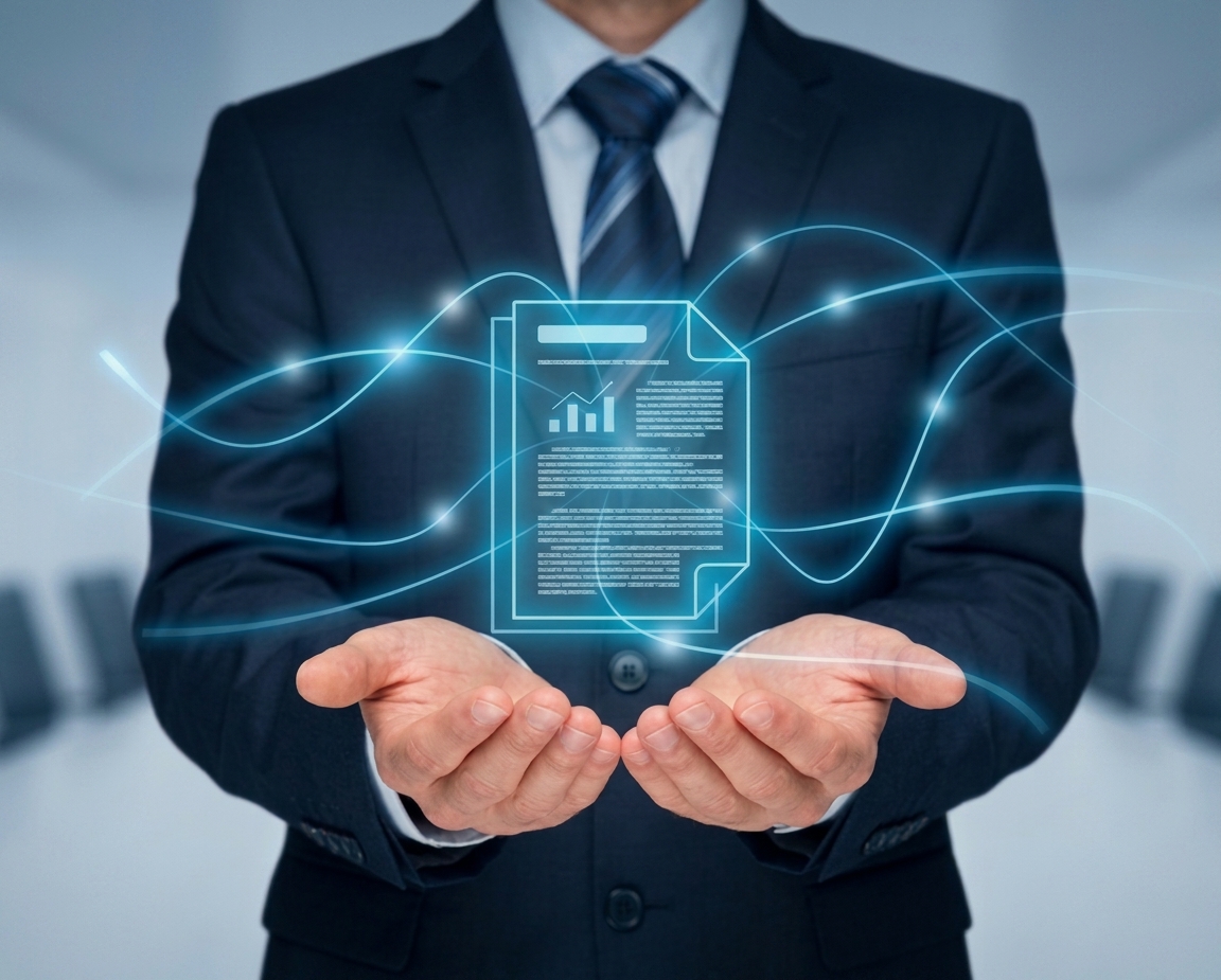 Procurement professional holding a digital solicitation document